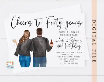 Personalized Twins 40th Birthday Invitation: Custom Portrait (Digital File)