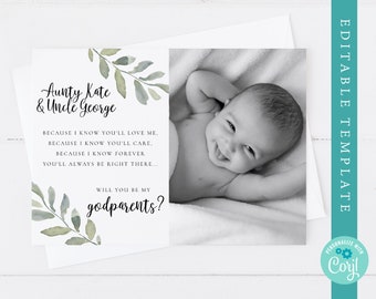 EDITABLE godparents card, will you be my godparents printable, godparents proposal instant download, godparents poem, greenery