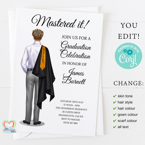 mastered it graduation invite printable personalised graduation party invitation template editable class of 2023 male graduate celebration