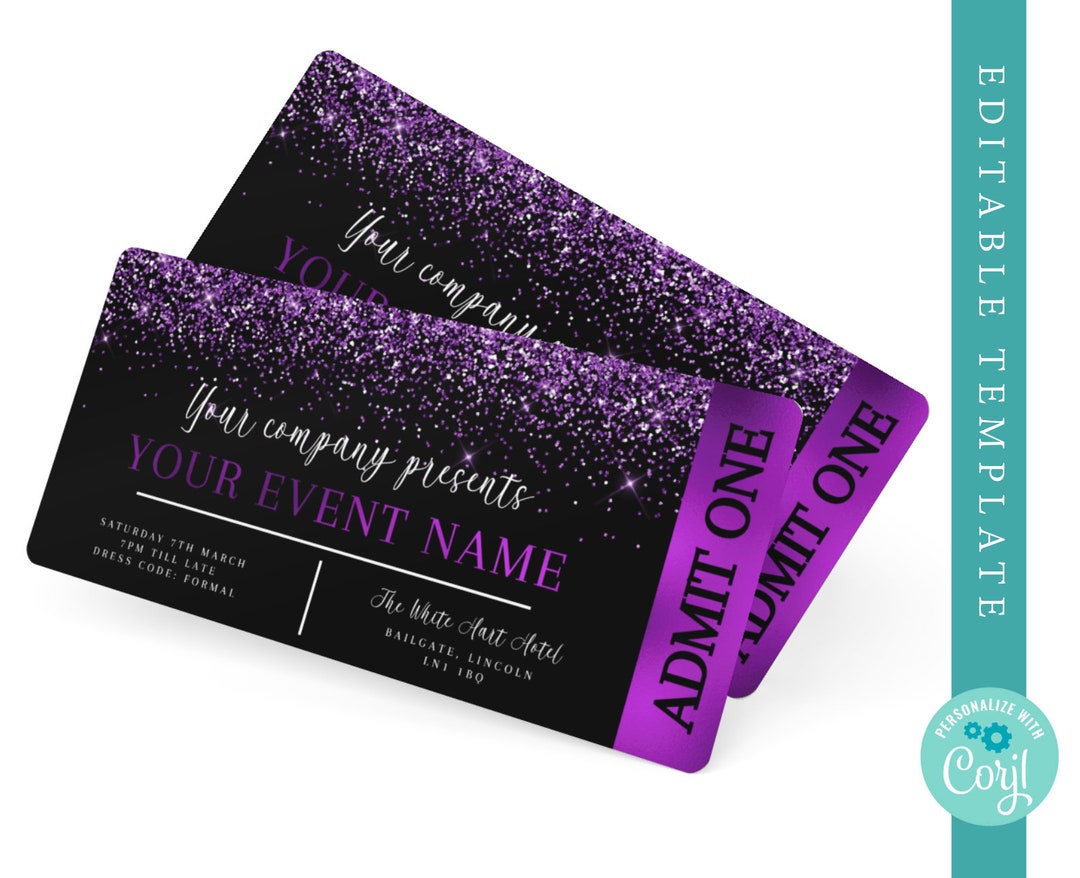Purple Glitter Event Ticket Template DIY Printable (editable) Etsy