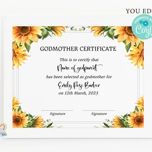 Plantilla de certificado de madrina, certificado de madrina editable, certificado de madrina imprimible, certificado de bautismo, regalo de madrina