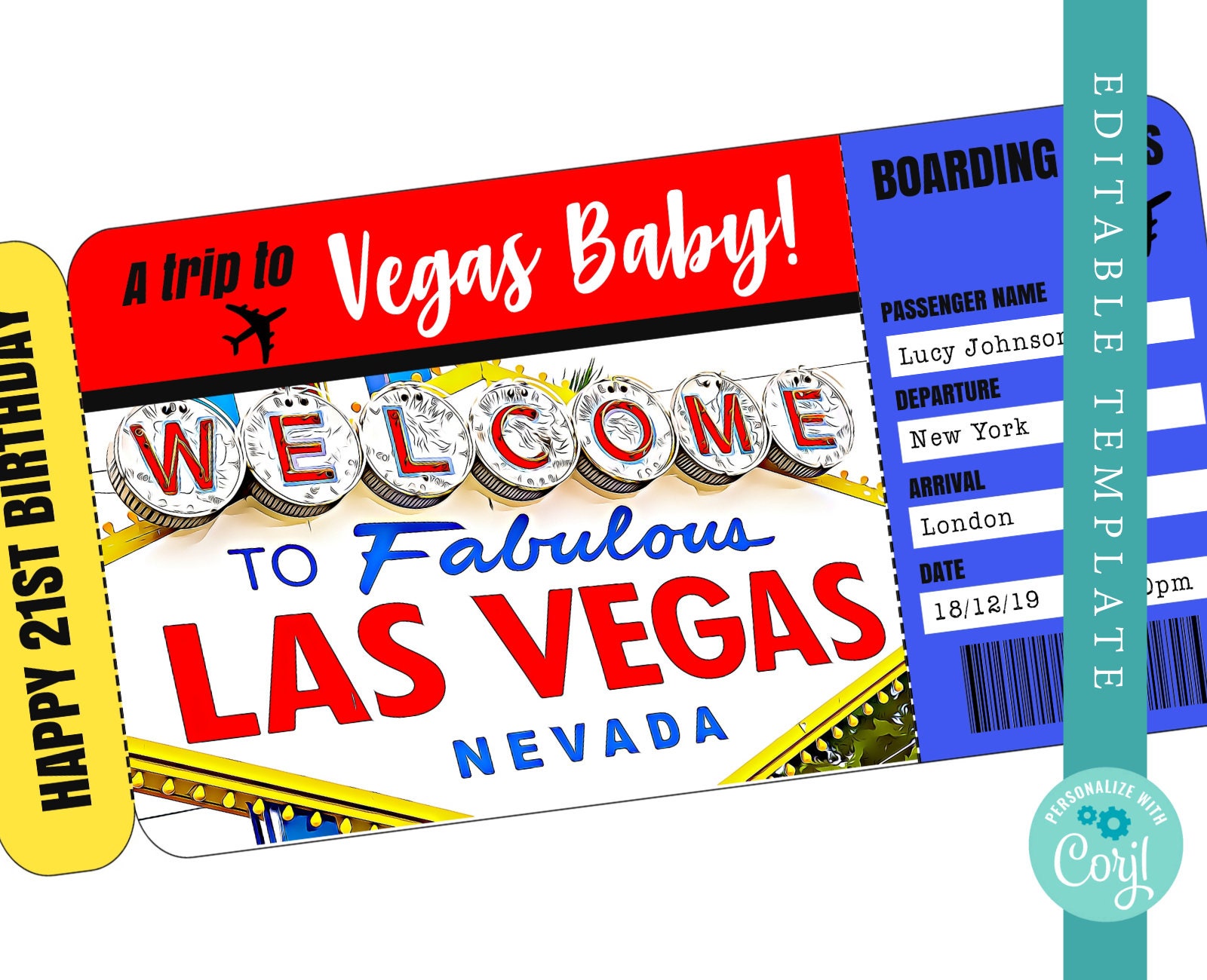 Vegas Vegas Las - Etsy Christmas Ticket Custom Editable Birthday Pass Printable Surprise Trip to Las Boarding Template Boarding Airplane Pass