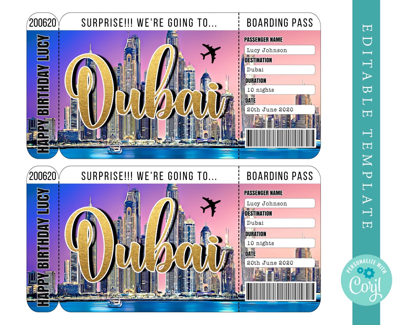 Dubai Boarding Pass Template Trip to United Emirates Airplane Etsy UK