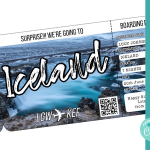 Modello di carta d'imbarco per l'Islanda viaggio a Keflavík biglietto aereo stampabile modificabile carta d'imbarco fai da te sorpresa di compleanno biglietto personalizzato corjl