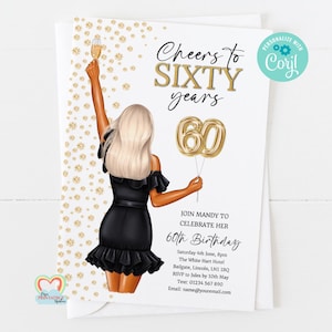 personalised 60th birthday invitation template custom portrait birthday invite for her cheers to 60 years editable invitation template