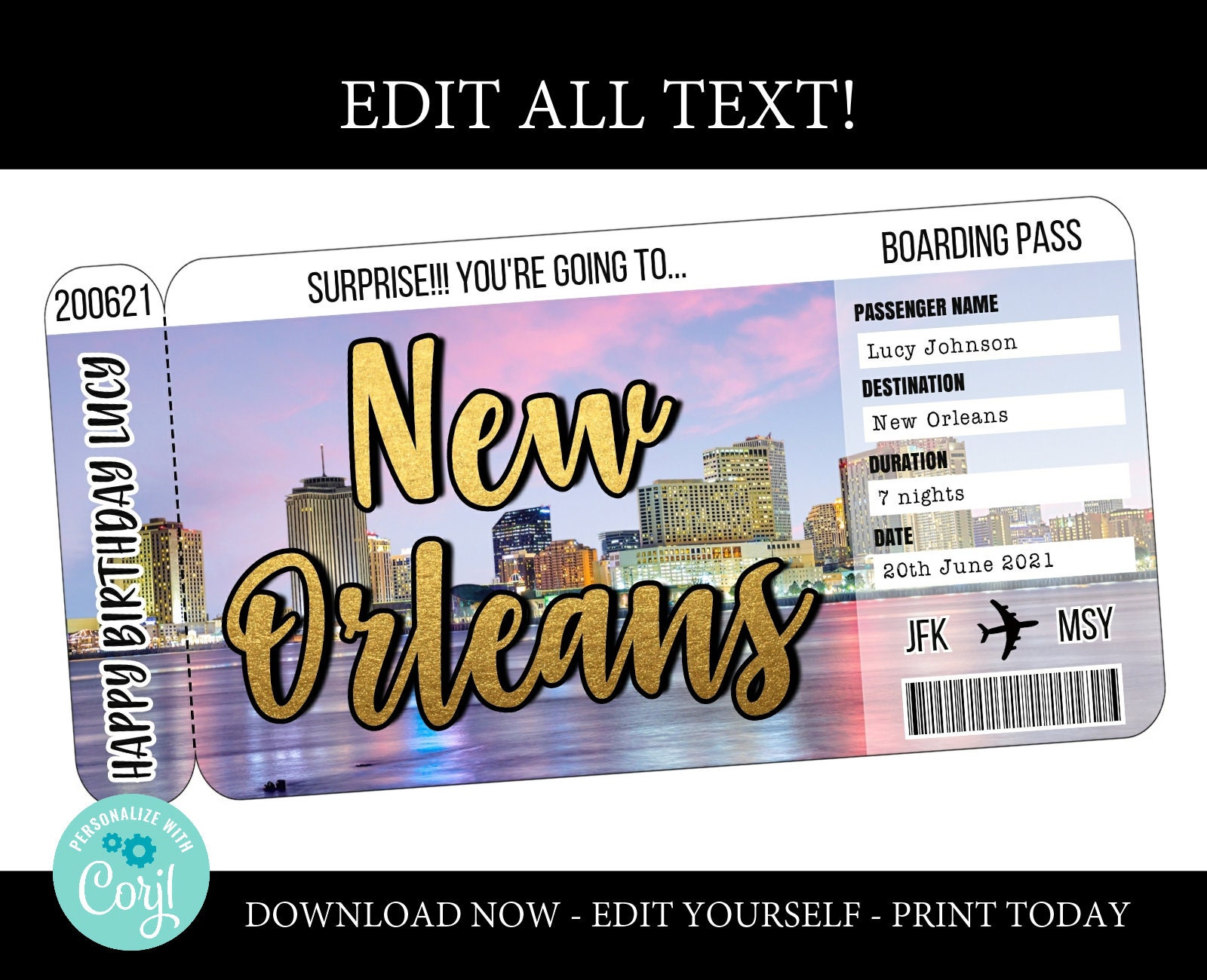 New Orleans boarding pass template trip to Louisiana airplane Etsy
