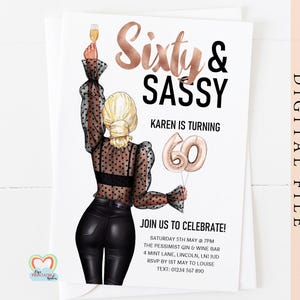 sixty and sassy personalised 60th birthday invitation template custom portrait birthday invite for her 60 years invitation template