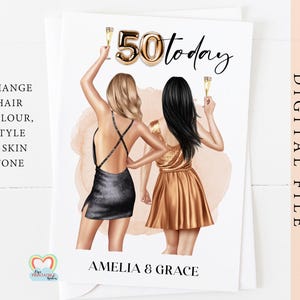 Carte personnalisée imprimable du 50e anniversaire pour des jumeaux, des meilleurs amis ou des soeurs - Carte de voeux numérique personnalisable - à imprimer à la maison PDF