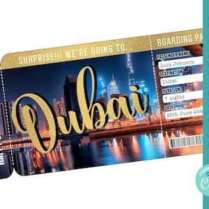 Dubai Bordkarte Vorlage Reise nach Vereinigte Emirate Flugticket druckbare bearbeitbare Bordkarte Geburtstagsüberraschung benutzerdefiniertes Ticket corjl
