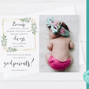 Carte de proposition modifiable pour parrain et marraine avec photo | Modèle Corjl | Imprimable Serez-vous mes parrains et marraines | Souvenir numérique de bébé