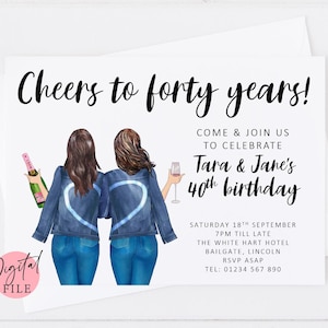 Afdrukbare 40e verjaardagsuitnodiging voor beste vrienden | Proost op veertig jaar digitale download | Gezamenlijke uitnodigingskaart verjaardagsfeestje
