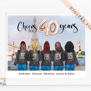 Gepersonaliseerde beste vrienden digitale kunst, print thema Parijs, 40e verjaardagscadeau, illustratie Eiffeltoren, aangepaste vriendschapsprint