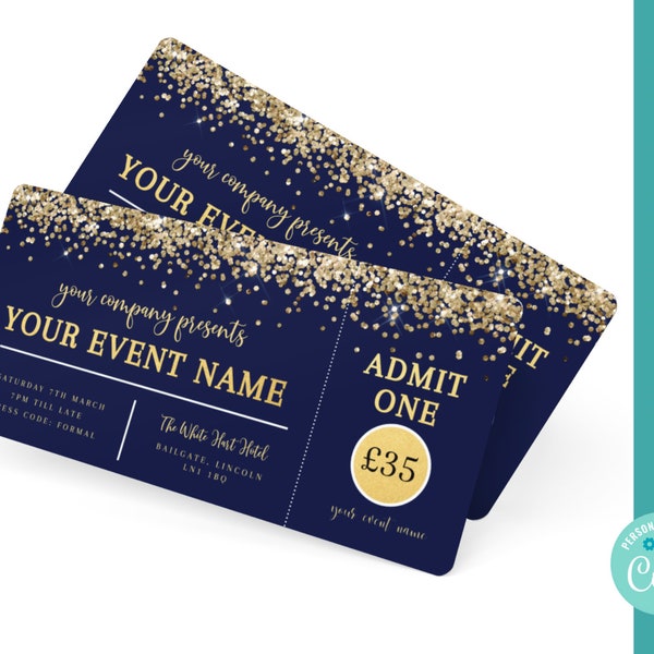 navy and gold event ticket printable, editable event ticket, Senior Prom ticket, gold event ticket, diy event ticket, event ticket template