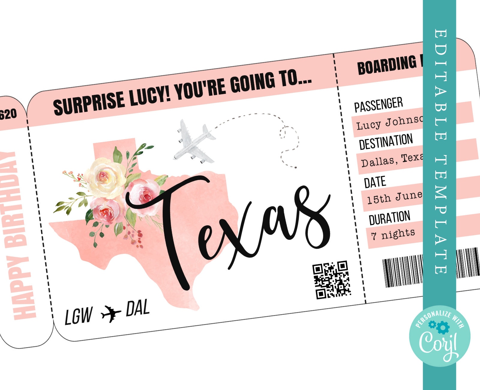Texas Boarding Pass Template Trip to Dallas Airplane Ticket - Etsy