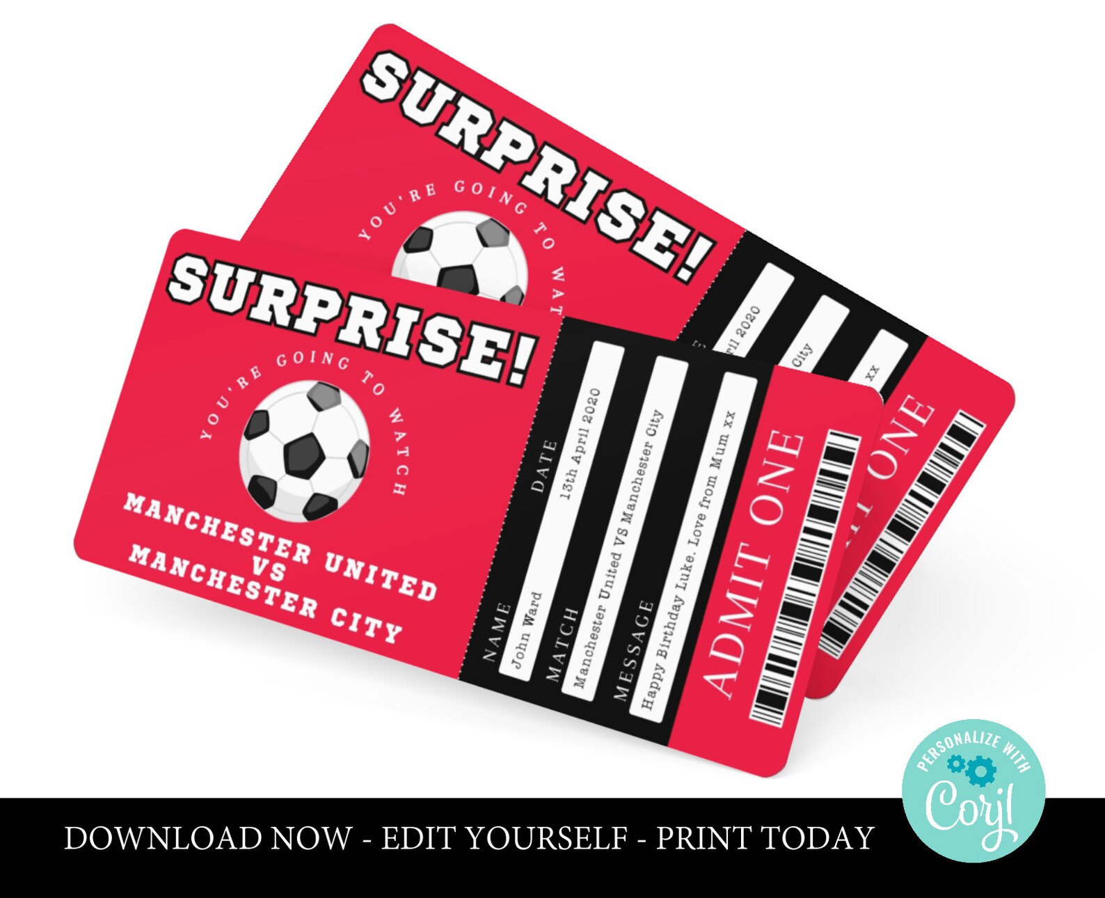 Football ticket printable soccer ticket football match ticket Etsy