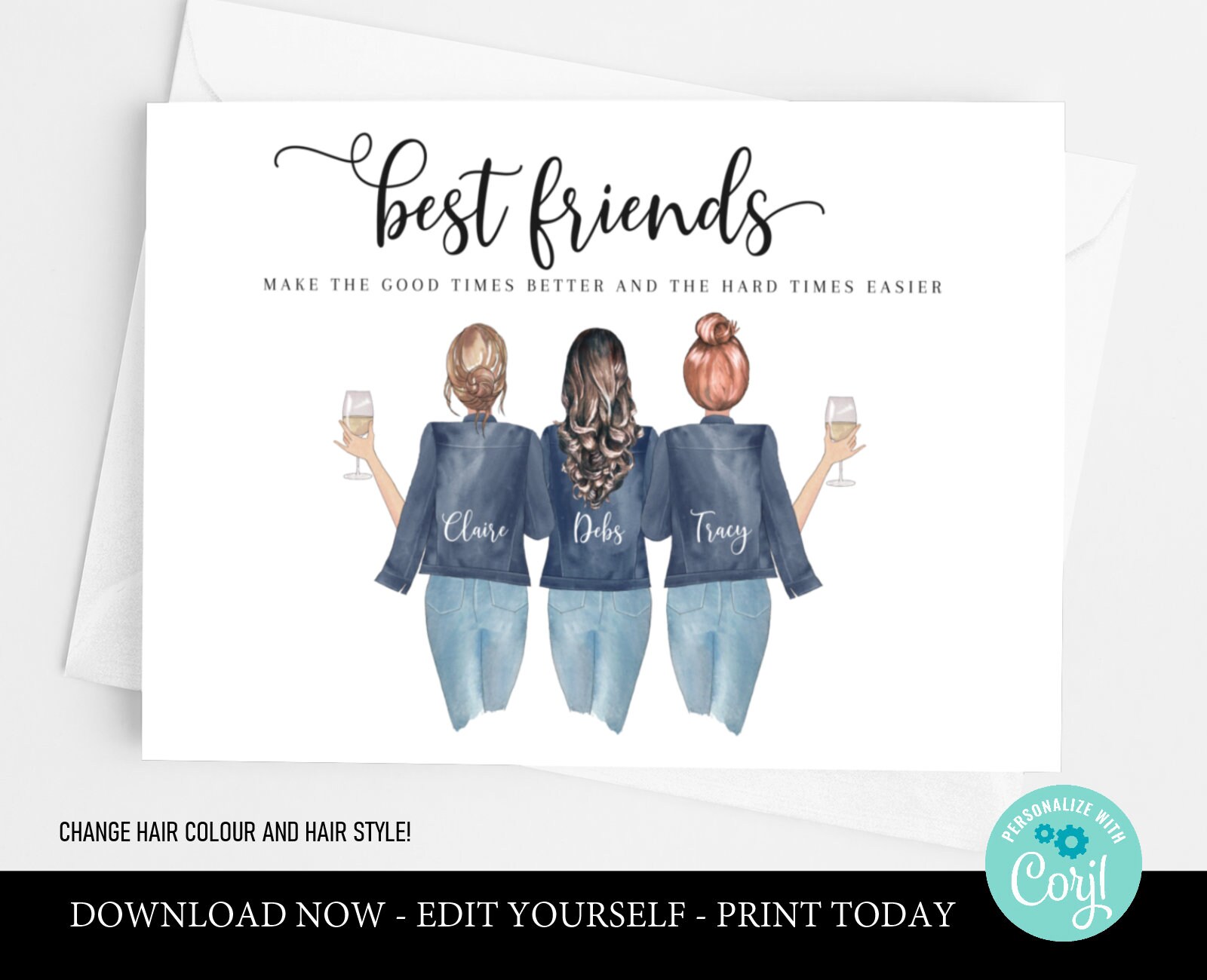 Personalised 3 best friends print card printable best friend | Etsy