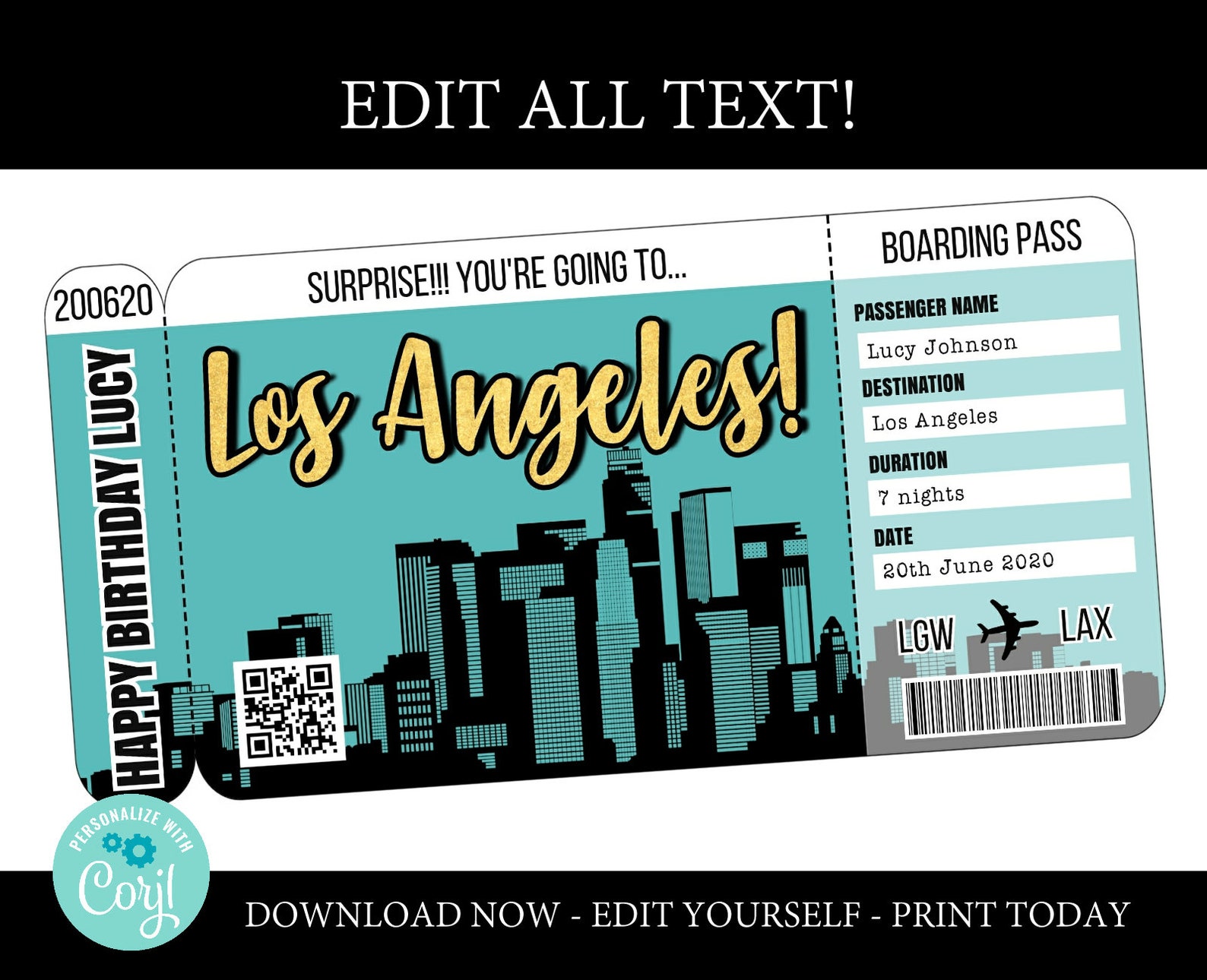Los Angeles boarding pass template trip to LA airplane ticket Etsy