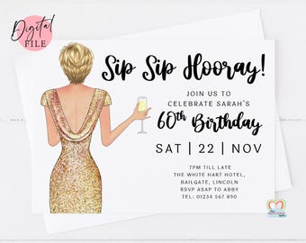 personalised 60th birthday invitation template custom portrait birthday invite for her sip sip hooray printable diy print at home 60