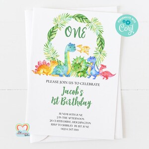 Faire-part modifiable pour le 1er anniversaire d'un dinosaure | Modèle Corjl | Invitation à une fête d'anniversaire | Thème imprimable Dino Jungle | Téléchargement instantané