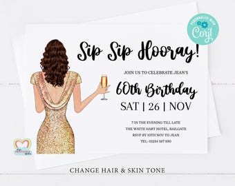 personalised 60th birthday invitation template custom portrait birthday invite for her sip sip hooray editable invitation template corjl 60