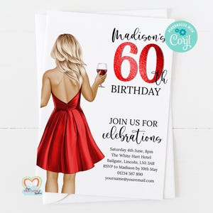 Editable 60th Birthday Invitation Corjl Template | Red Dress Wine Party Invite | Printable Digital Download | 60th birthday invite for her