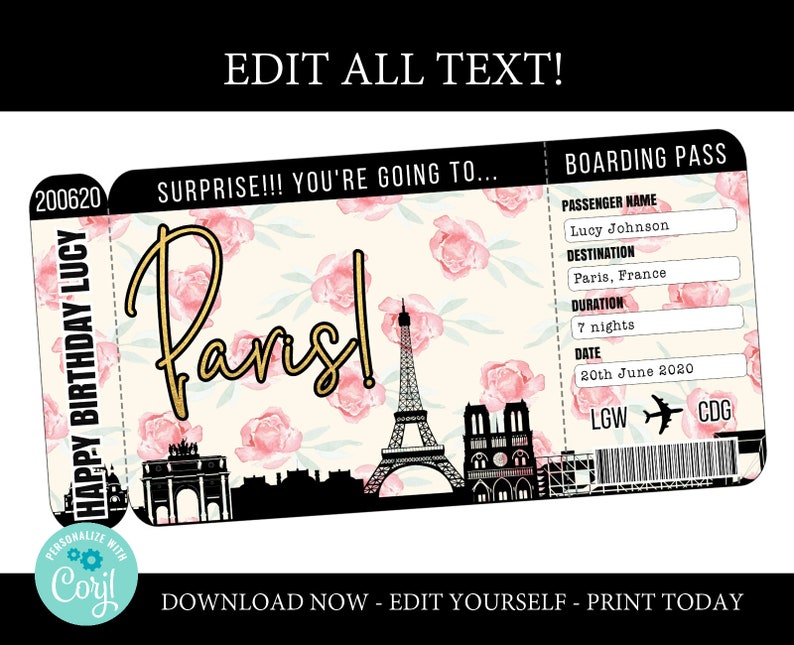 Paris boarding pass template trip to France airplane ticket Etsy
