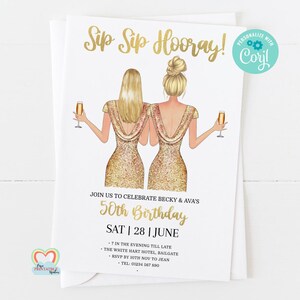 faire-part modifiable pour cinquantième anniversaire | Sip Sip Modèle corjl doré Hourra | Invitation d'anniversaire imprimable pour femme | Téléchargement instantané