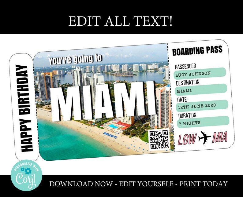 Miami boarding pass template trip to USA airplane ticket Etsy