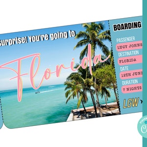 Floride modèle de carte d'embarquement voyage en Floride billet d'avion imprimable modifiable carte d'embarquement anniversaire surprise billet personnalisé corjl
