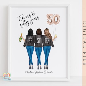 beste vriend cadeau 50e verjaardag afdrukbare gepersonaliseerde 50e verjaardag kunst aan de muur proost op 50 jaar aangepaste portret aangepaste verjaardag print,