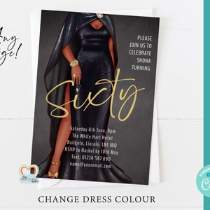 afro 60th birthday invite for her black gold printable personalised curvy woman invites black African carribean Indian Asian digital