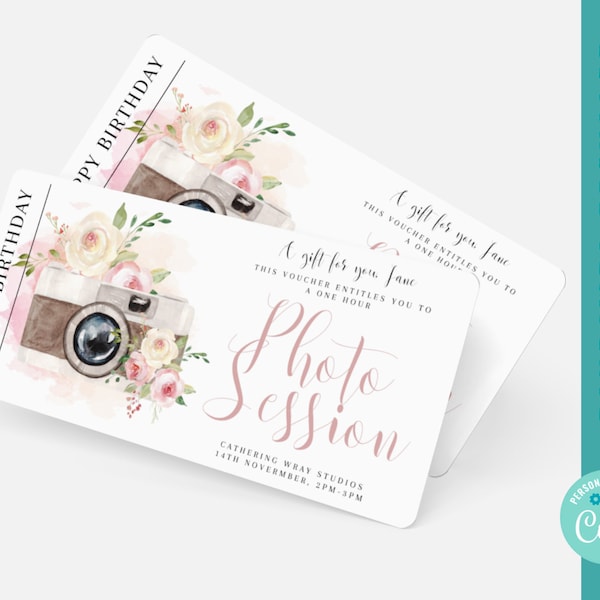 vale de regalo de fotografía vale de sesiones de fotos imprimible certificado de regalo editable vale de regalo de cámara floral diy descarga instantánea