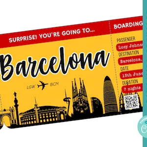 Barcelone modèle de carte d'embarquement voyage en Espagne billet d'avion imprimable modifiable carte d'embarquement anniversaire surprise billet personnalisé corjl