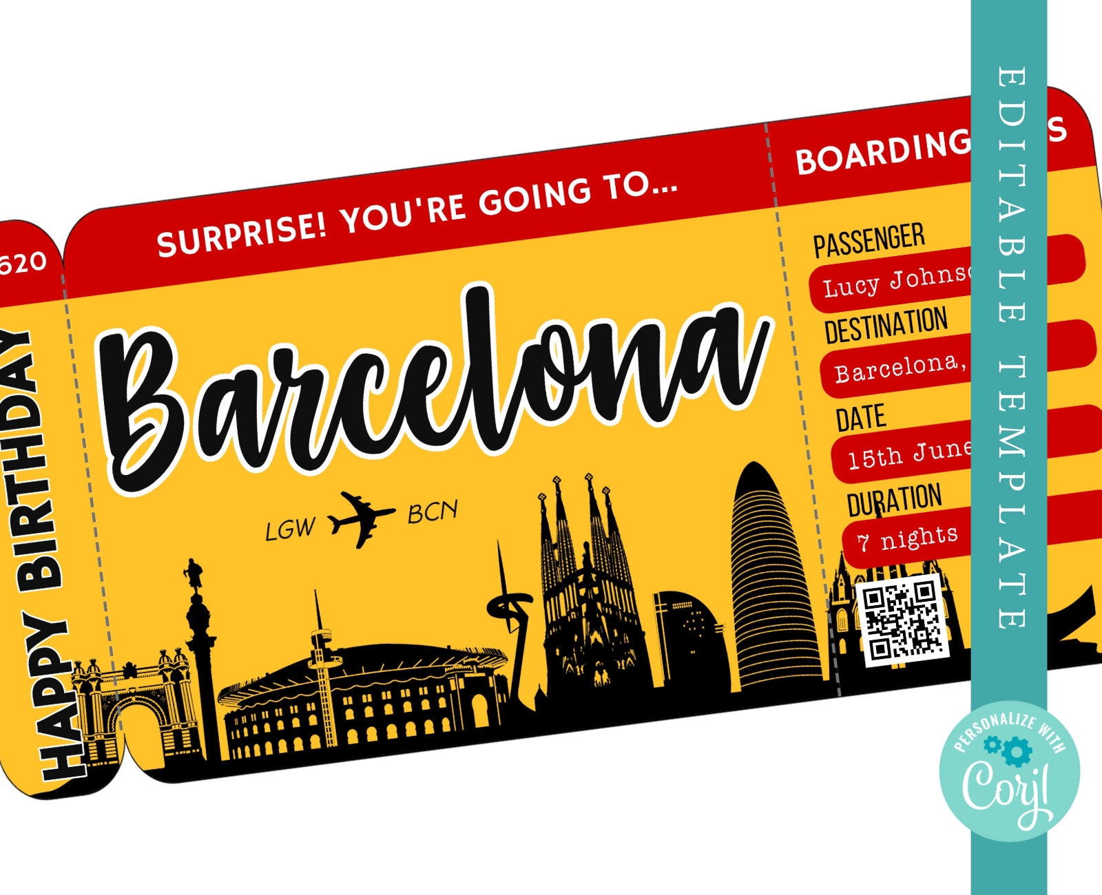 Barcelona Boarding Pass Template Trip to Spain Airplane Ticket Etsy UK