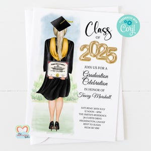 graduation invite printable personalised graduation party invitation template editable class of 2025 GIRL graduate celebration gold diploma