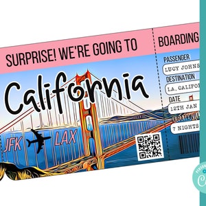 editable California boarding pass printable Surprise Airline Ticket Trip Gift Airplane Flight Destination Plane Download Island tropical