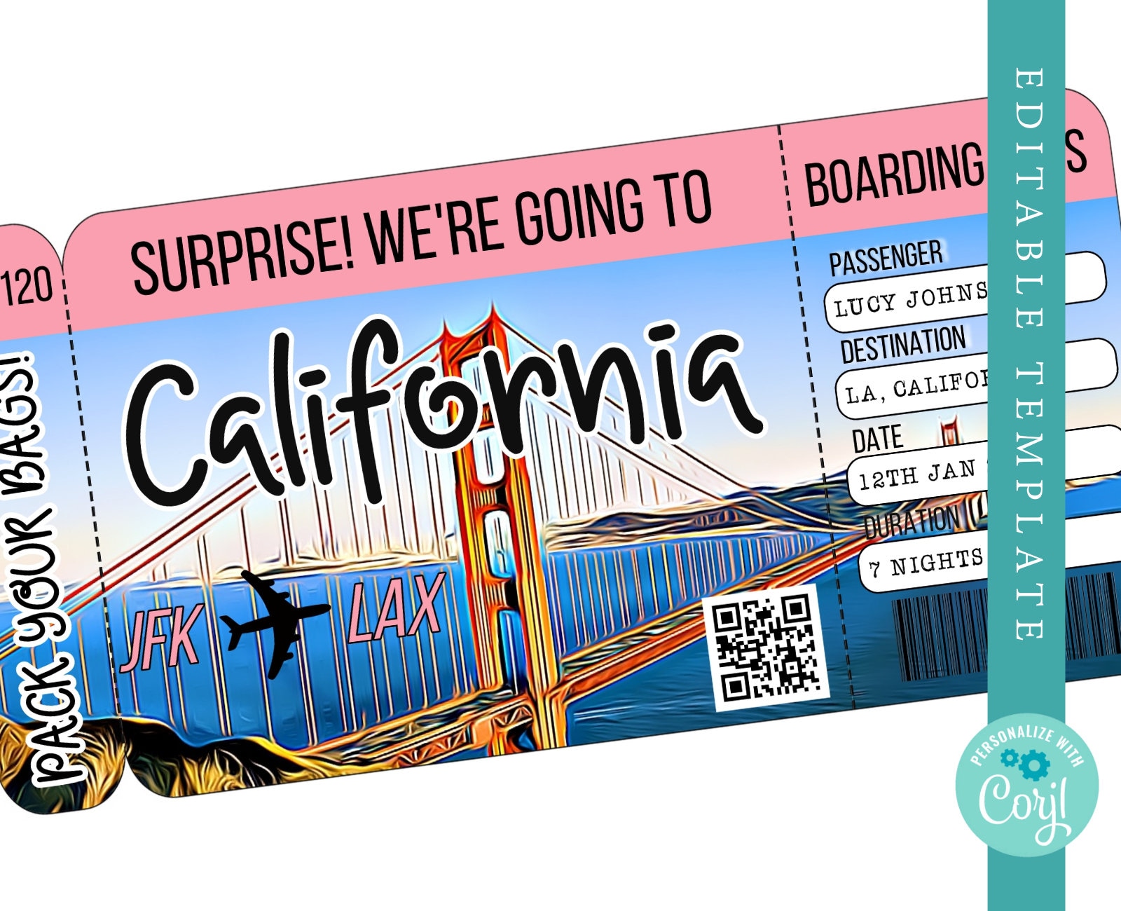 Editable California Boarding Pass Printable Surprise Airline Etsy