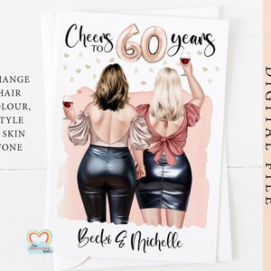 Cartão de aniversário de 60 anos personalizado para impressão para gêmeos, melhores amigos ou irmãs – Cartão de felicitações digital personalizável - imprima em casa PDF