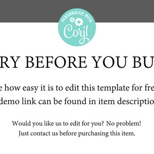 May include: White graphic with the text "TRY BEFORE YOU BUY" and additional text about editing a template. A teal circle with the word "Corjl" is at the top. The image is for digital templates.