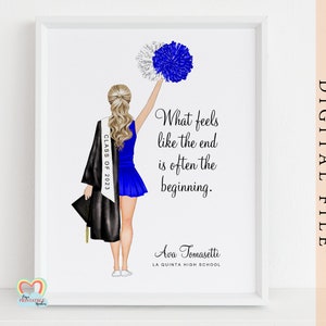 Tarjeta de graduación de animadoras para imprimir, clase de animadoras de 2024, graduación de animadoras, regalo personalizado para hacer uno mismo, ilustración de animadoras azul