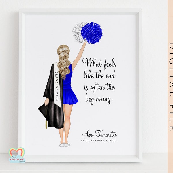 Cheerleader graduation card printable cheer class of 2024 cheer graduation diy personalised gift Cheerleader Illustration blue