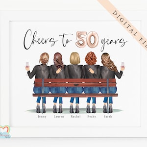 5 meilleurs amis cadeau 50e anniversaire imprimable art mural personnalisé 50e anniversaire, acclamations à 50 ans portrait personnalisé bricolage impression d'anniversaire personnalisé