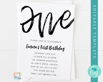 minimal 1st birthday invitation template one birthday invitation printable black and white 1st birthday invite editable with corjl