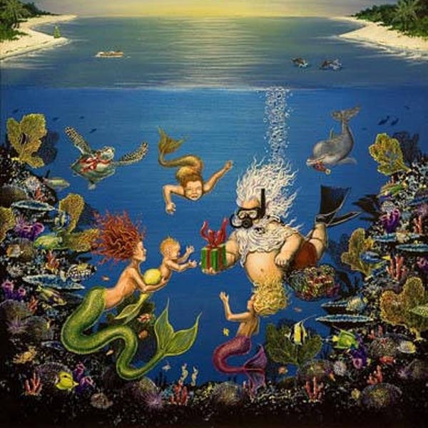 Santa with Mermaids, Mermaids and Santa Painting, Mermaid Painting, Santa Painting, Nautical Painting, Underwater Painting, Ocean Christmas