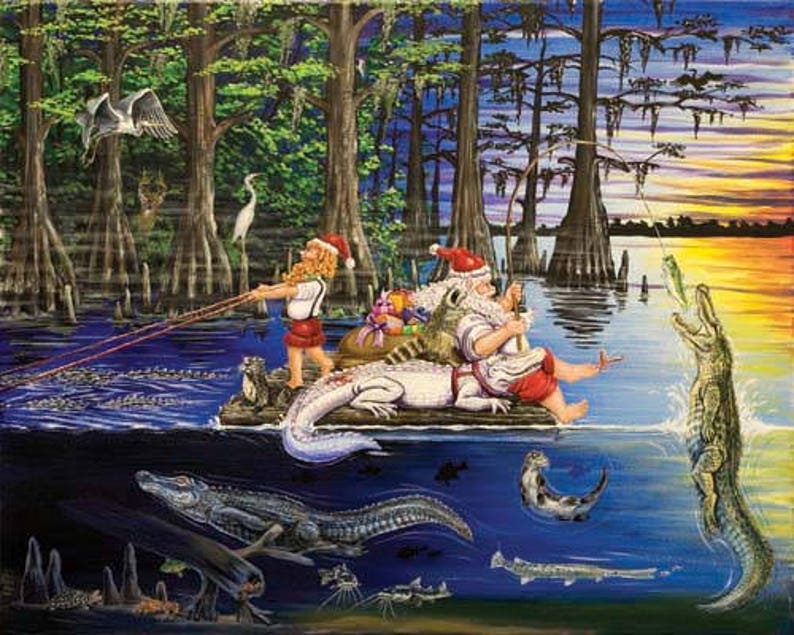 Papa Noel, Papa Noel Painting, Santa on the Bayou Painting, Swamp Santa Christmas In The Bayou
