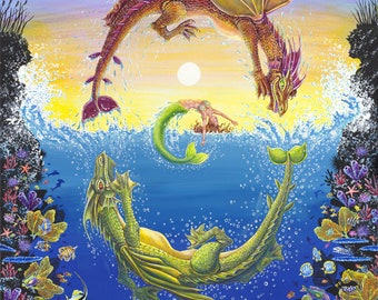 Swimming Dragons painting, mermaid and dragon painting, mermaid painting, merdgragon painting