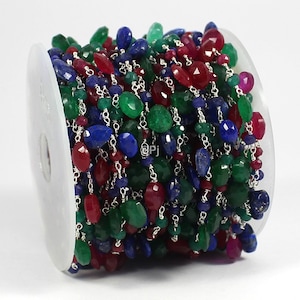 Ruby Emerald Sapphire Rosary Chain: 925 Sterling Silver, 3-4mm Beads