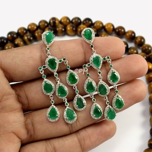 Pendiente de diamantes esmeralda natural, pendiente de diamantes esmeralda verde de Zambia, joyería de diamantes pavé, pendiente de estilo vintage, regalo para ella, barco gratis