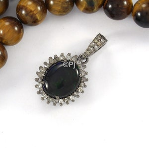 Black Opal Diamond Pendant: 925 Sterling Silver Necklace