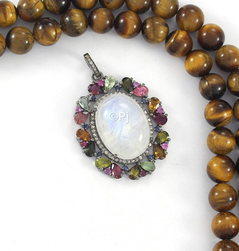 Gift Jewelry Pave Diamond Tourmaline Moonstone Pendant Multi Coloured Tourmaline /& Rainbow Moonstone Diamond Pendant 925 Sterling Silver